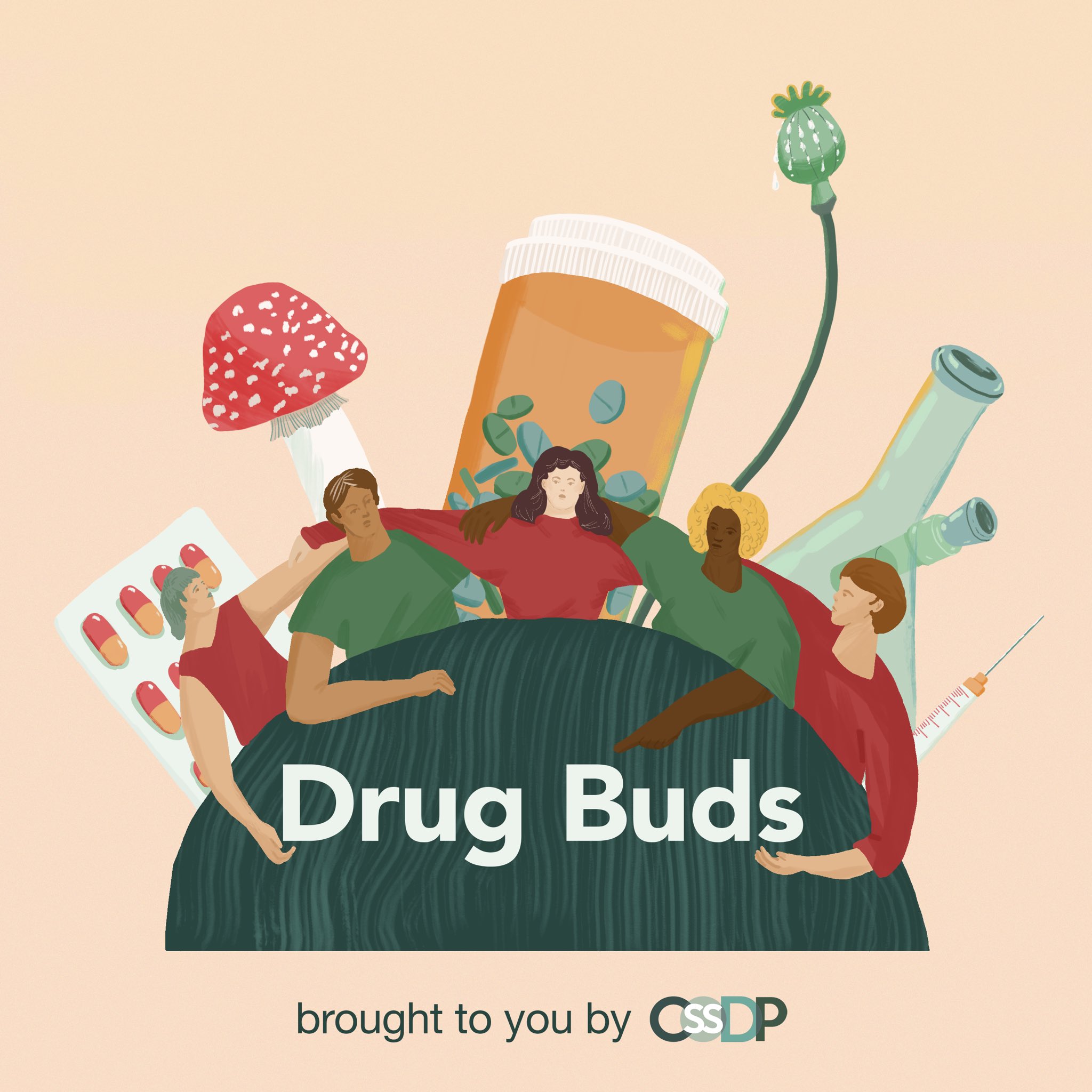 Drug Buds Podcast Artwork - A group of people sitting around a table, surrounded by various substances