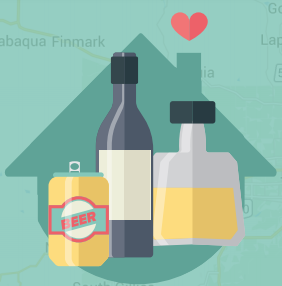 An illustration of alcoholic beverages over a house on a map
