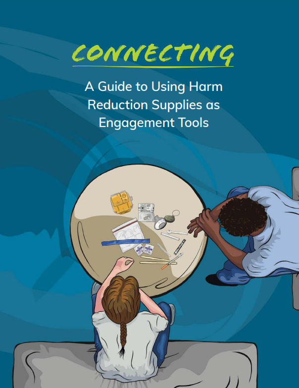 'Connecting' report cover - two people sitting at a table, on which sits harm reduction supplies