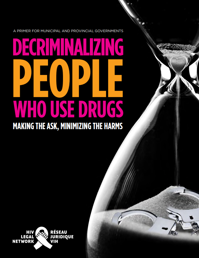 'Decriminalizing People Who Use Drugs' report cover - Hourglass on black background