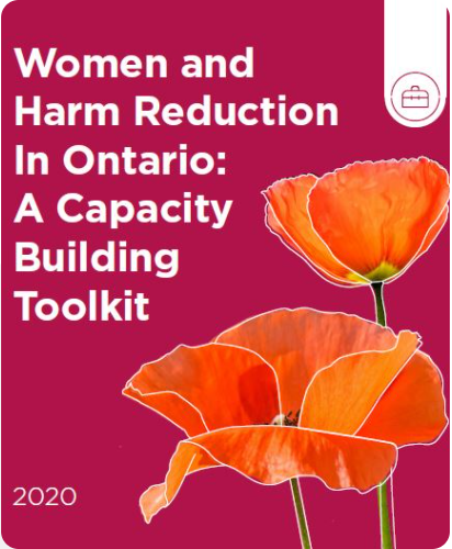 'Women and Harm Reduction in Ontario' report cover - Red flowers on a pink background