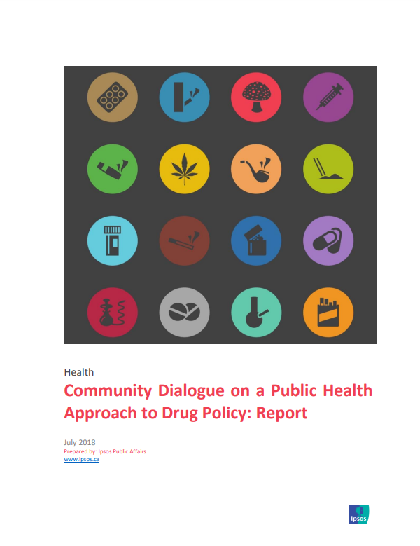 'Community Dialogue on a Public Health Approach to Drug Policy' report cover - colourful circles containing icons depicting different substances