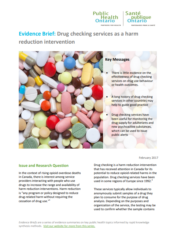 'Drug Checking Services as a Harm Reduction Intervention' report cover - A picture of a variety of pills in different colours and shapes