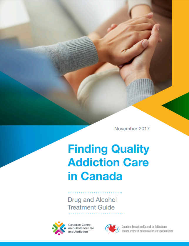 'Finding Quality Addiction Care in Canada' report cover - someone holding another person's hand in their lap