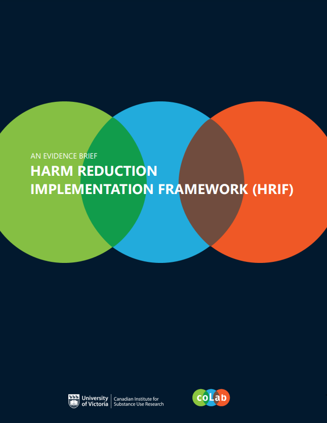 'Harm Reduction Implementation Framework' report cover - Three circles (green, blue, and orange) overlapping horizontally
