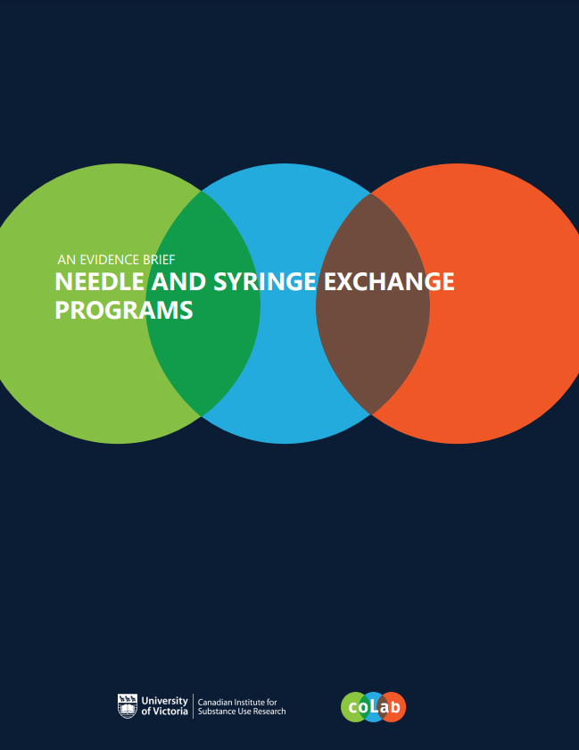 'An Evidence Brief: Needle and Syringe Exchange Programs' report cover - Three circles (green, blue, and orange) overlapping horizontally