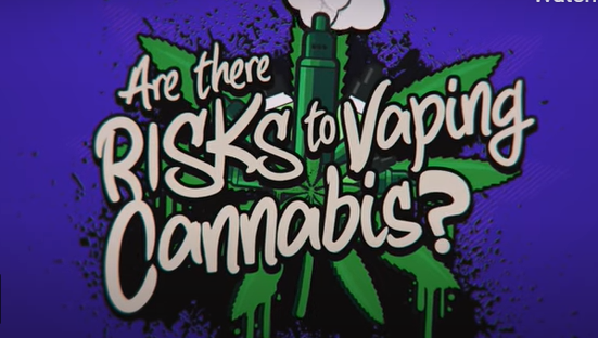 A blue background has a cannabis leaf and vaporizer with white text overtop that reads "Are there risks to vaping cannabis?"