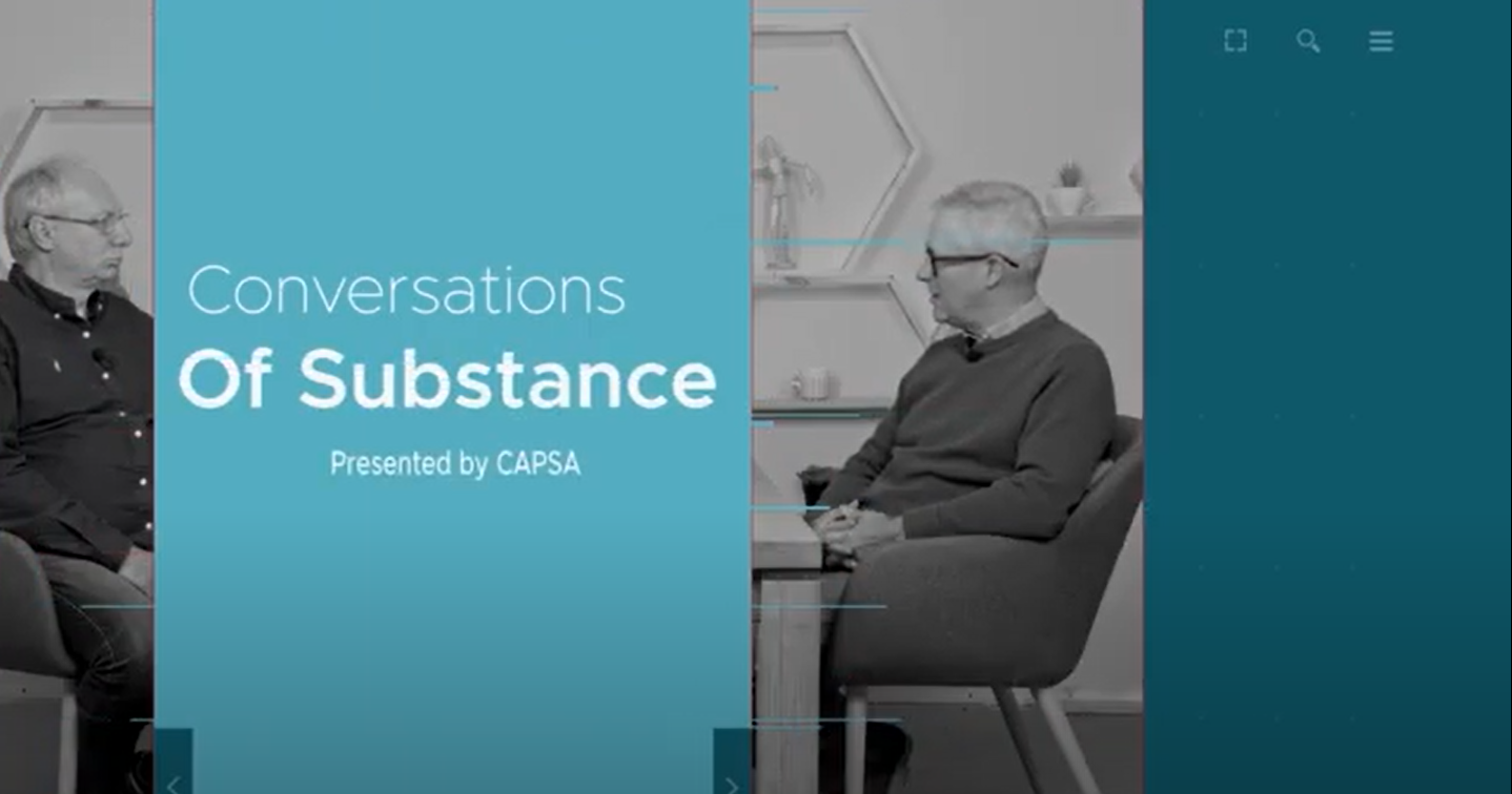 Blue background with text "Conversations of Substance: Presented by CAPSA"