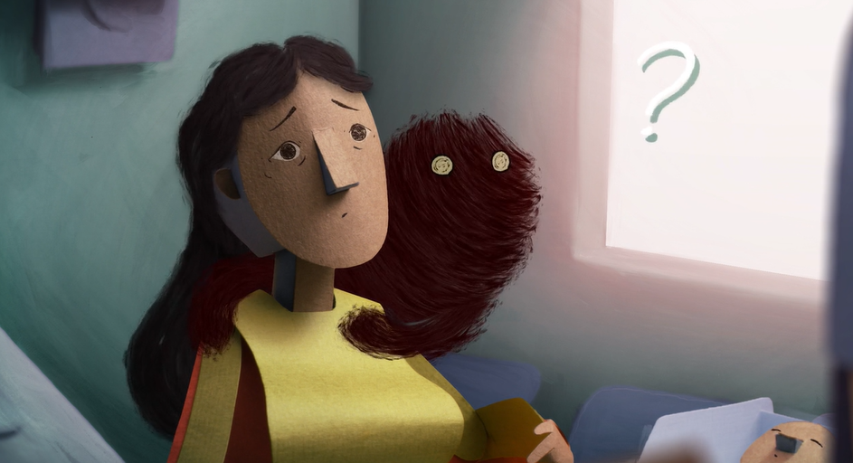 Still from the animated video of a women at the hospital.