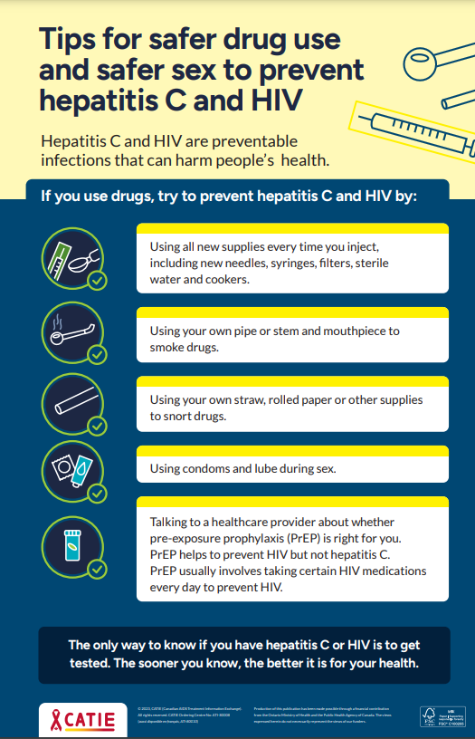 Yellow and blue background with text on poster for tips to prevent hepatitis C and HIV.
