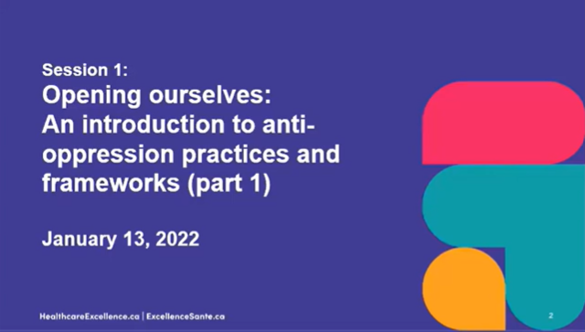 Purple background with text "Opening ourselves: An introduction to anti-oppression practices and frameworks (part 1)"