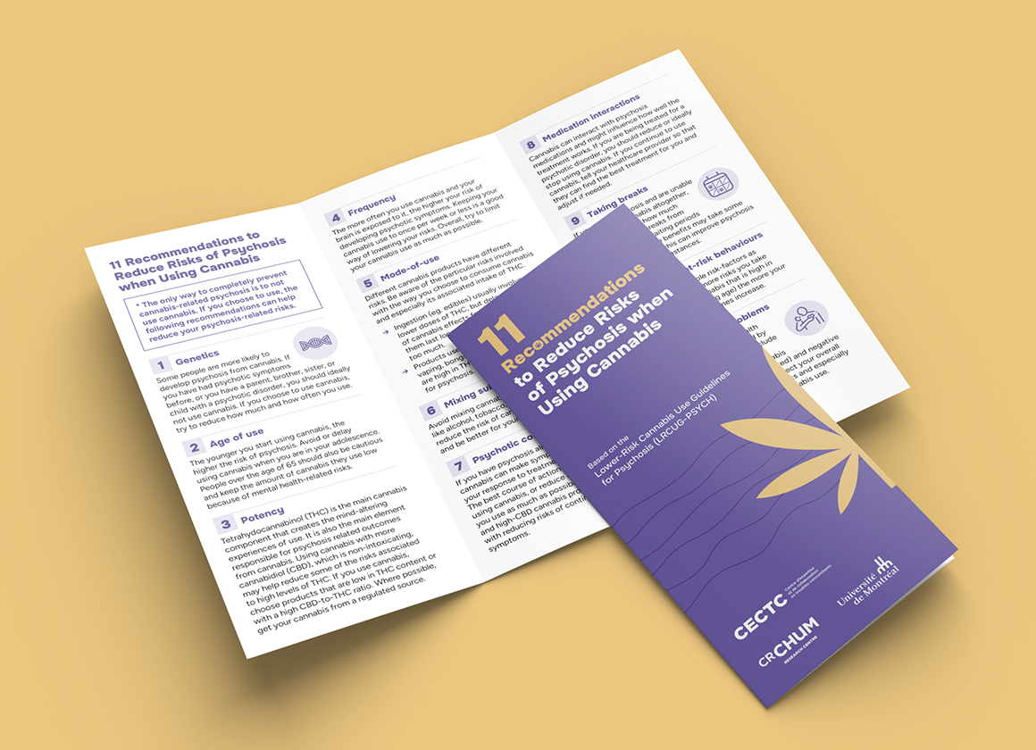 Mockup of a brochure. Purple background with yellow leaf. 